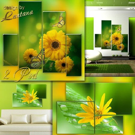 Полиптихи в PSD - Желтые цветы на зеленом фоне